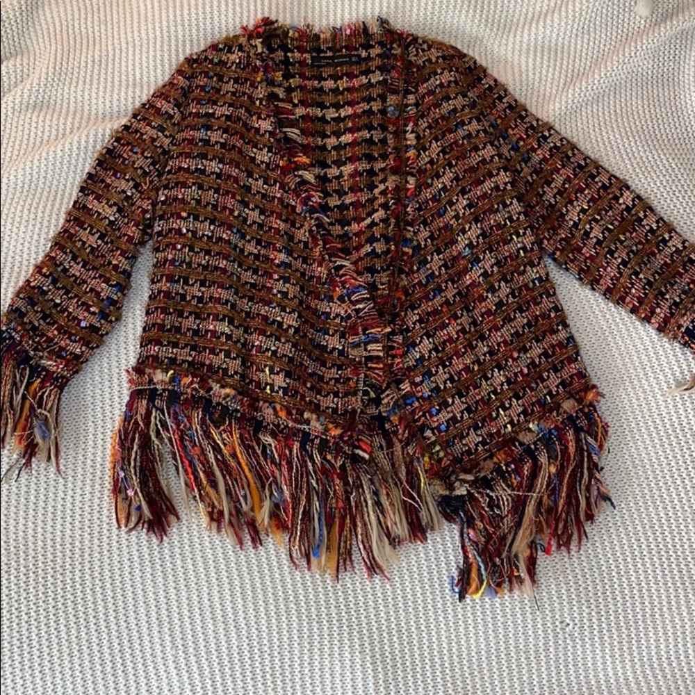 ZARA Colorful tweed cardigan with fringe detail